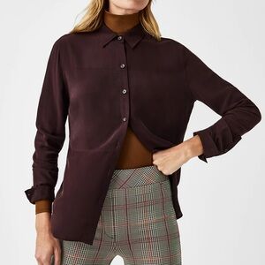 Spanx Low-Maintenance Silk Button-Down Shirt in Cherry Cola, Medium